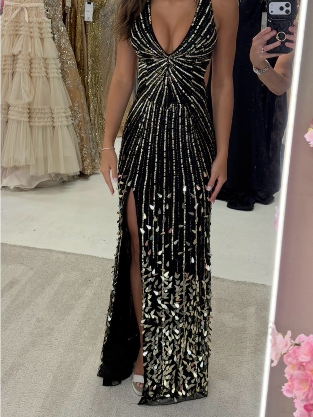 Primavera Couture Black and Gold Sequin Prom Gown